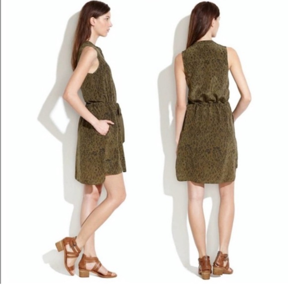 Madewell Silk Olive Leopard Print Shirt Dress XS Tie Waist